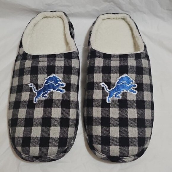 FOCO Men's XL 13-14 NFL Detroit Lions Sherpa Lined Buffalo Check Slippers NWOT - Picture 1 of 11